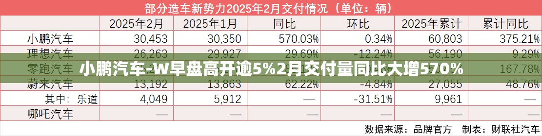 小鹏汽车-W早盘高开逾5%2月交付量同比大增570%