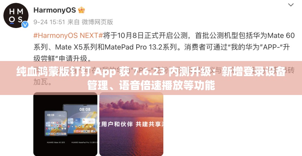 纯血鸿蒙版钉钉 App 获 7.6.23 内测升级：新增登录设备管理、语音倍速播放等功能
